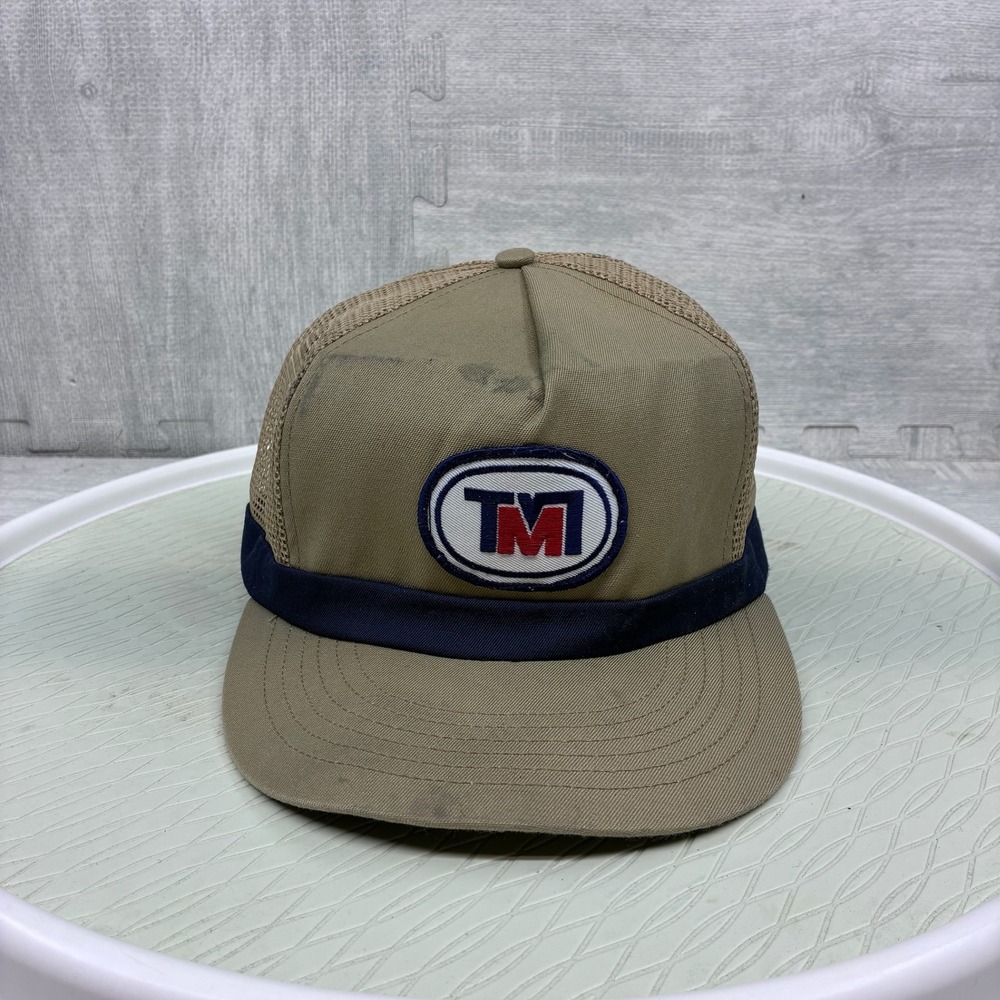Vintage TM Logo Trucker Hat Mens OSFA Tan Mesh Snapback Baseball Cap 21052